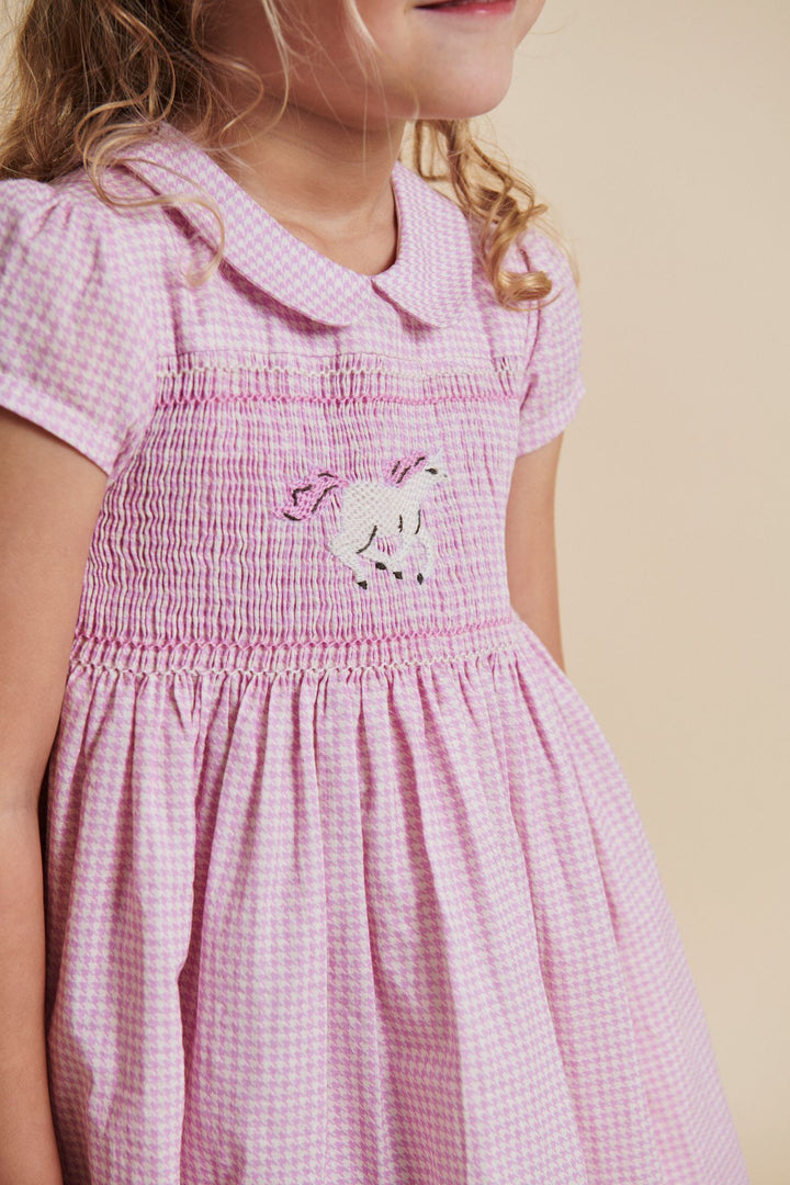 HOUNDSTOOTH DRESS W. HANDMADE UNICORN EMB. AND SMOCK - SYRINGA COMB.