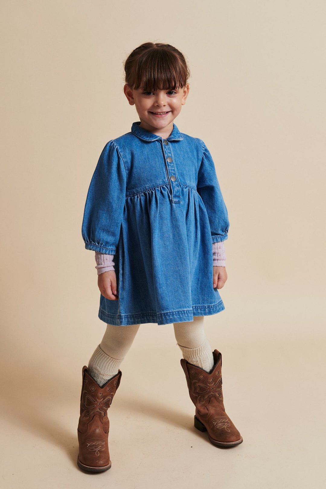 ORGANIC DENIM DRESS W. PUFF SLEEVES - INDIGO BLUE WASHED