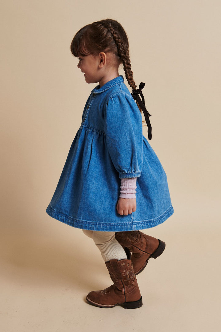 ORGANIC DENIM DRESS W. PUFF SLEEVES - INDIGO BLUE WASHED