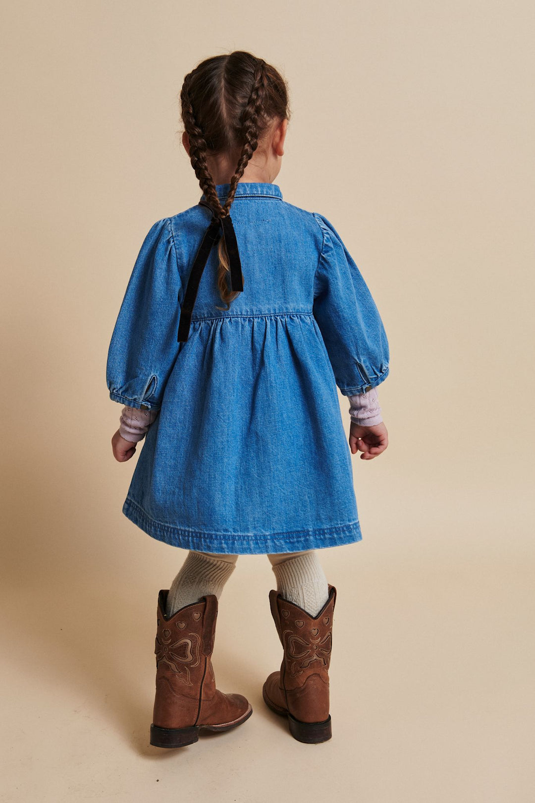 ORGANIC DENIM DRESS W. PUFF SLEEVES - INDIGO BLUE WASHED