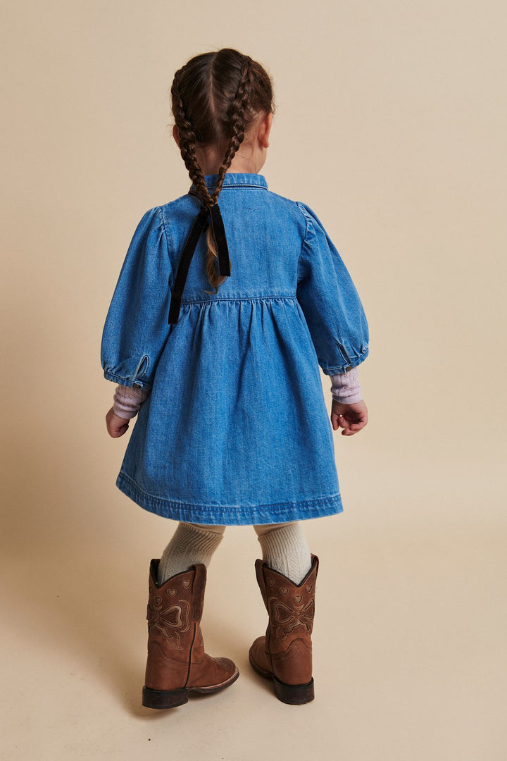 ORGANIC DENIM DRESS W. PUFF SLEEVES - INDIGO BLUE WASHED