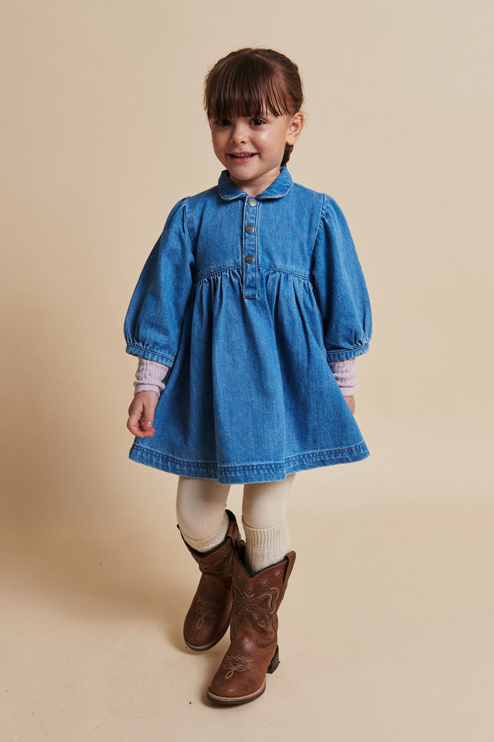 ORGANIC DENIM DRESS W. PUFF SLEEVES - INDIGO BLUE WASHED