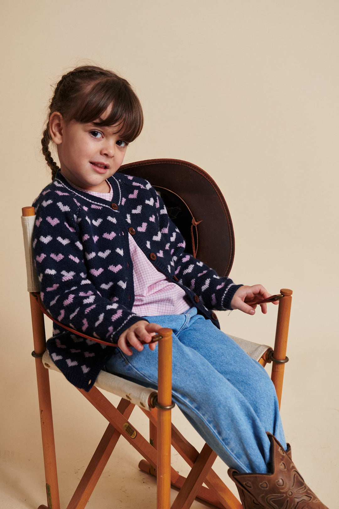 MERINO HEART CARDIGAN - NAVY/BUBBLEGUM COMB
