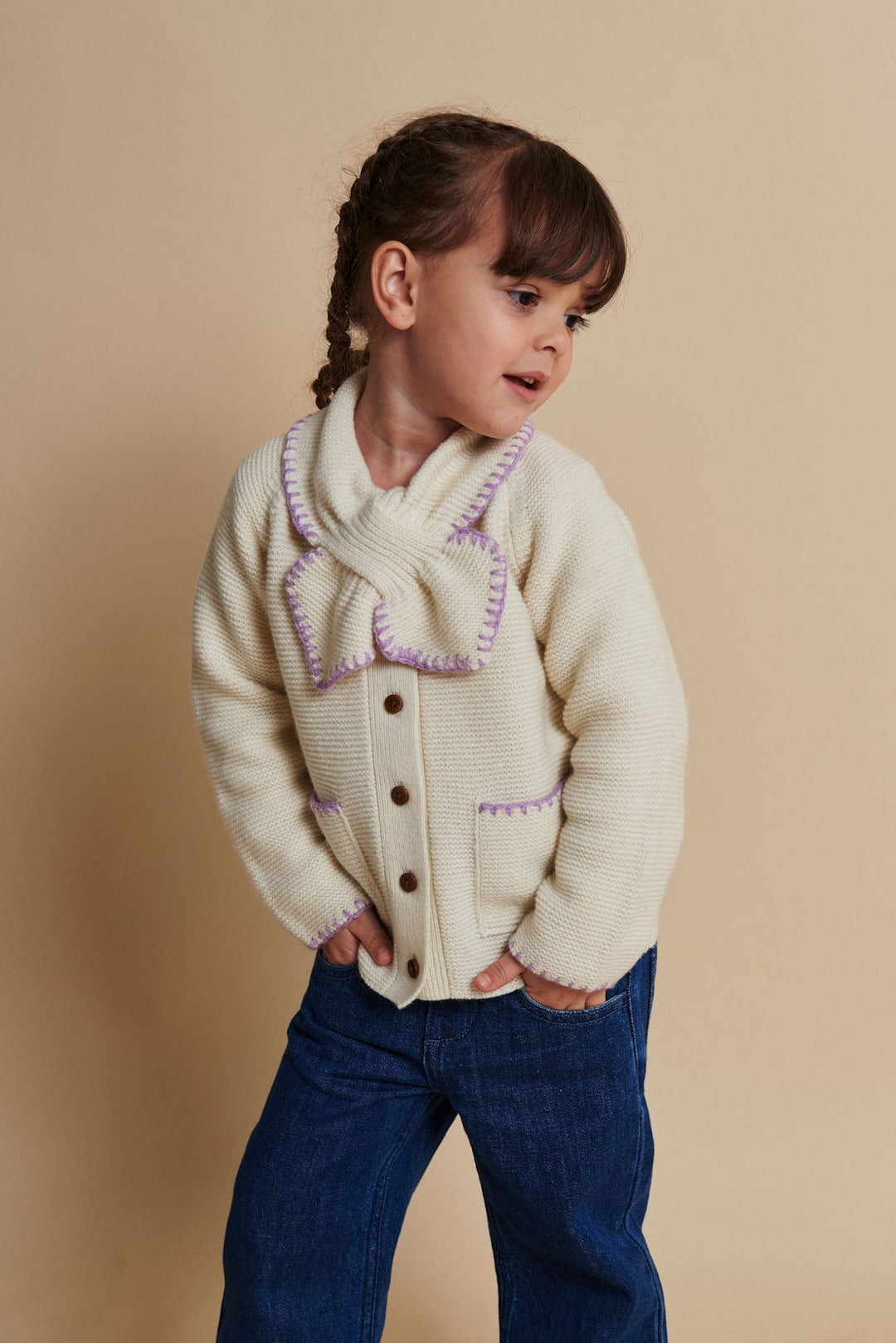 LAMBSWOOL CARDIGAN W. COLLAR - CREAM/LAVENDER COMB