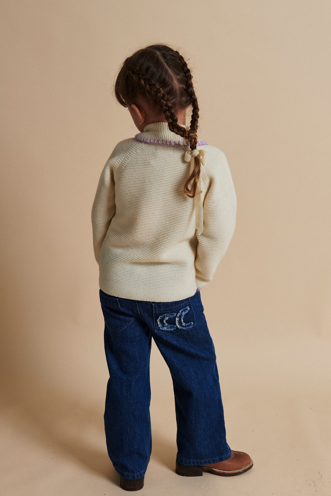 ORGANIC DENIM PANTS W. POCKET EMBROIDERY & WIDE LEG - DARK INDIGO BLUE WASHED