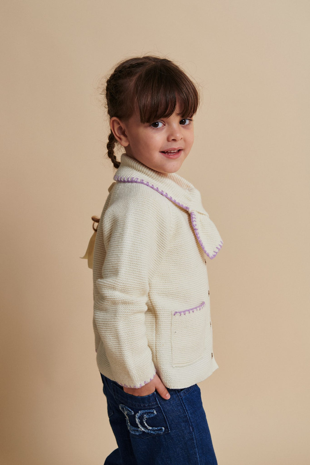 LAMBSWOOL CARDIGAN W. COLLAR - CREAM/LAVENDER COMB