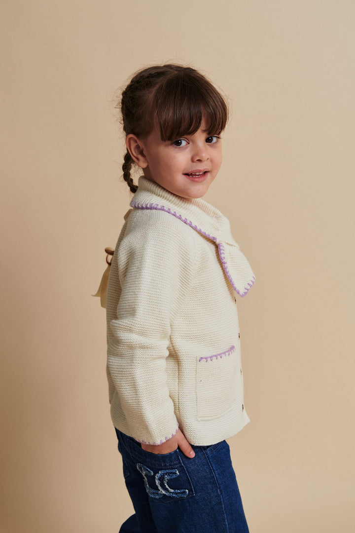 LAMBSWOOL CARDIGAN W. COLLAR - CREAM/LAVENDER COMB