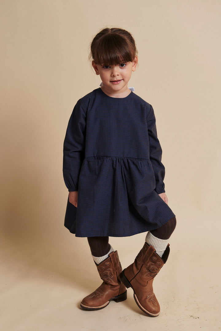 CHECKERED DRESS W. BACKSIDE BOW - BROWN BLUE CHECK COMB