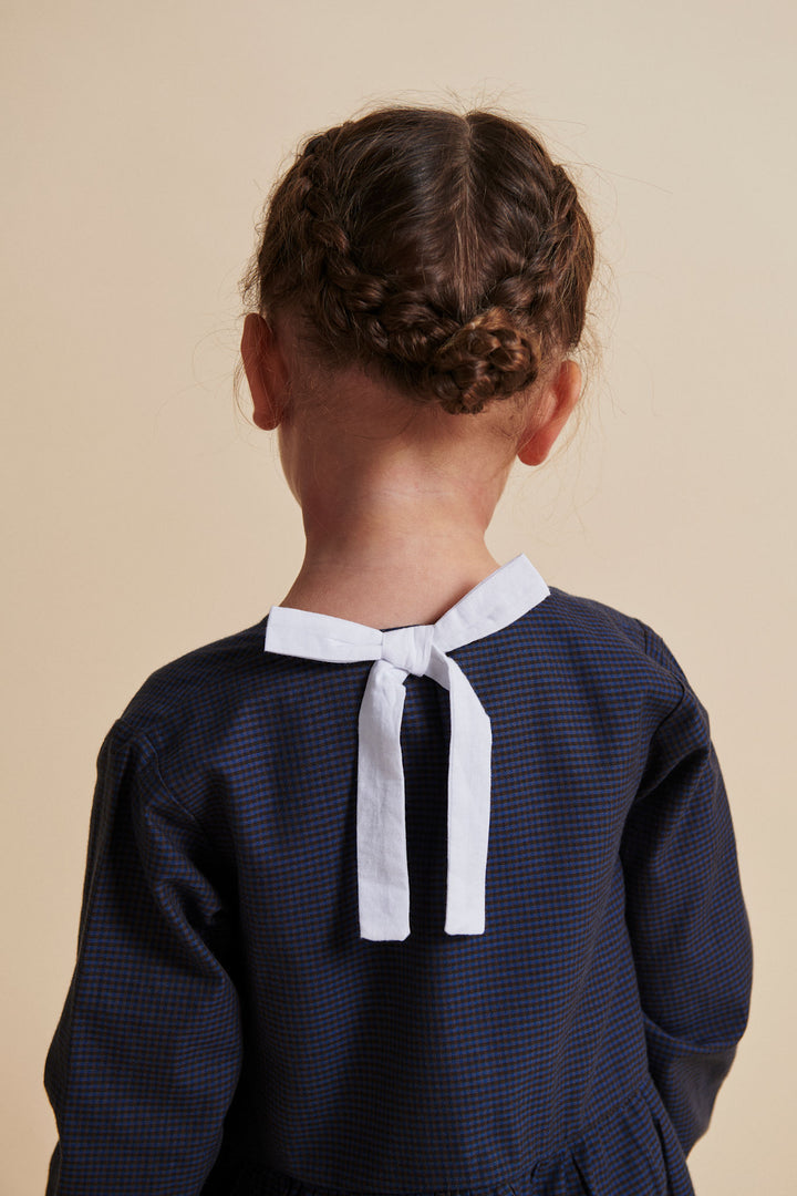 CHECKERED DRESS W. BACKSIDE BOW - BROWN BLUE CHECK COMB