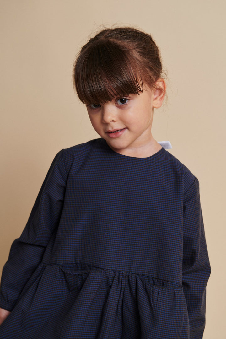 CHECKERED DRESS W. BACKSIDE BOW - BROWN BLUE CHECK COMB