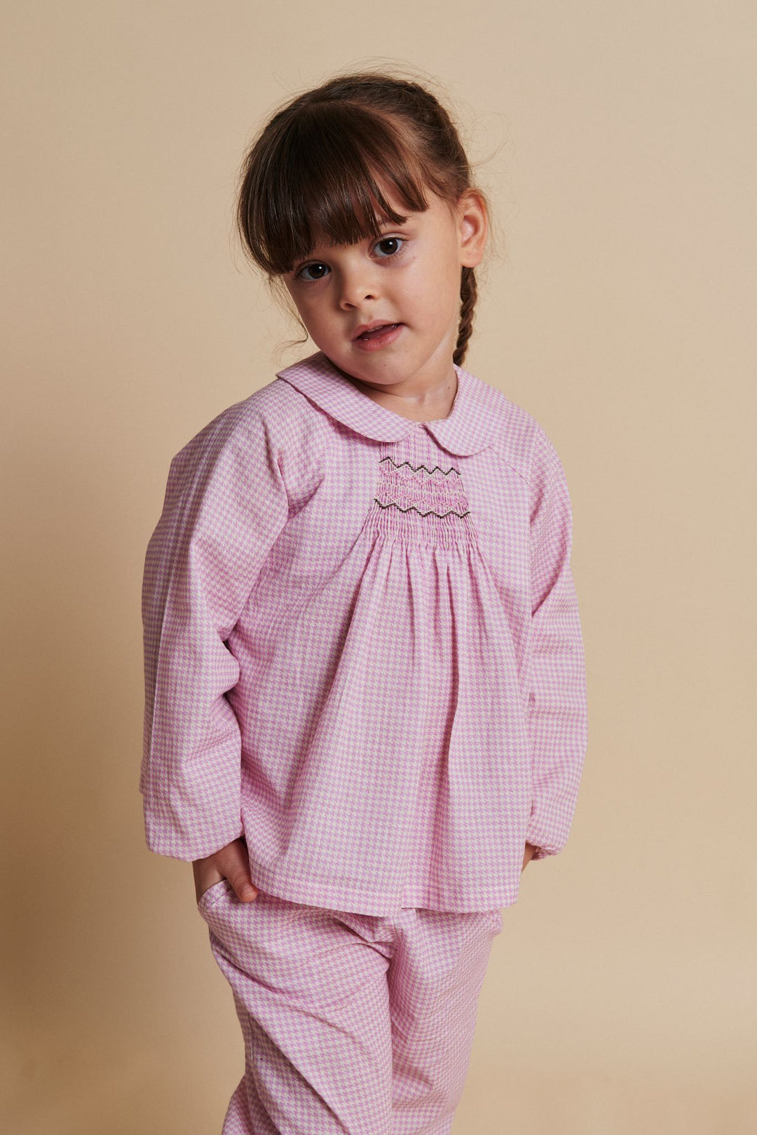 HOUNDSTOOTH BLOUSE W. HANDMADE EMB. SMOCK - SYRINGA COMB