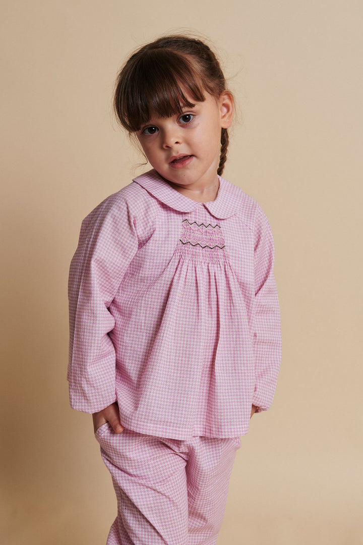 HOUNDSTOOTH BLOUSE W. HANDMADE EMB. SMOCK - SYRINGA COMB