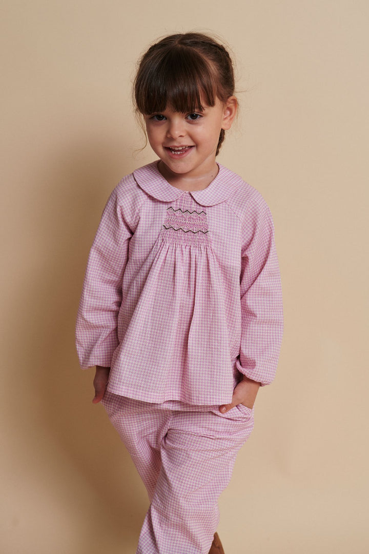 HOUNDSTOOTH BLOUSE W. HANDMADE EMB. SMOCK - SYRINGA COMB