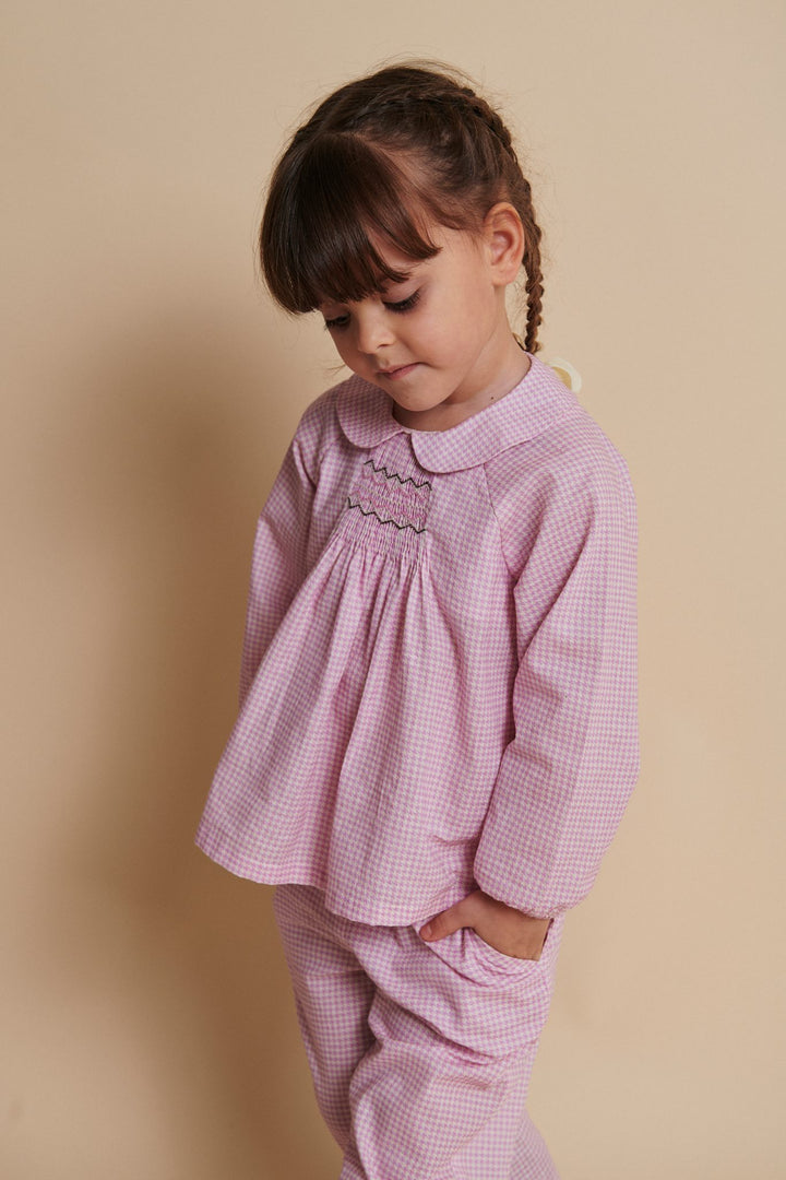 HOUNDSTOOTH BLOUSE W. HANDMADE EMB. SMOCK - SYRINGA COMB
