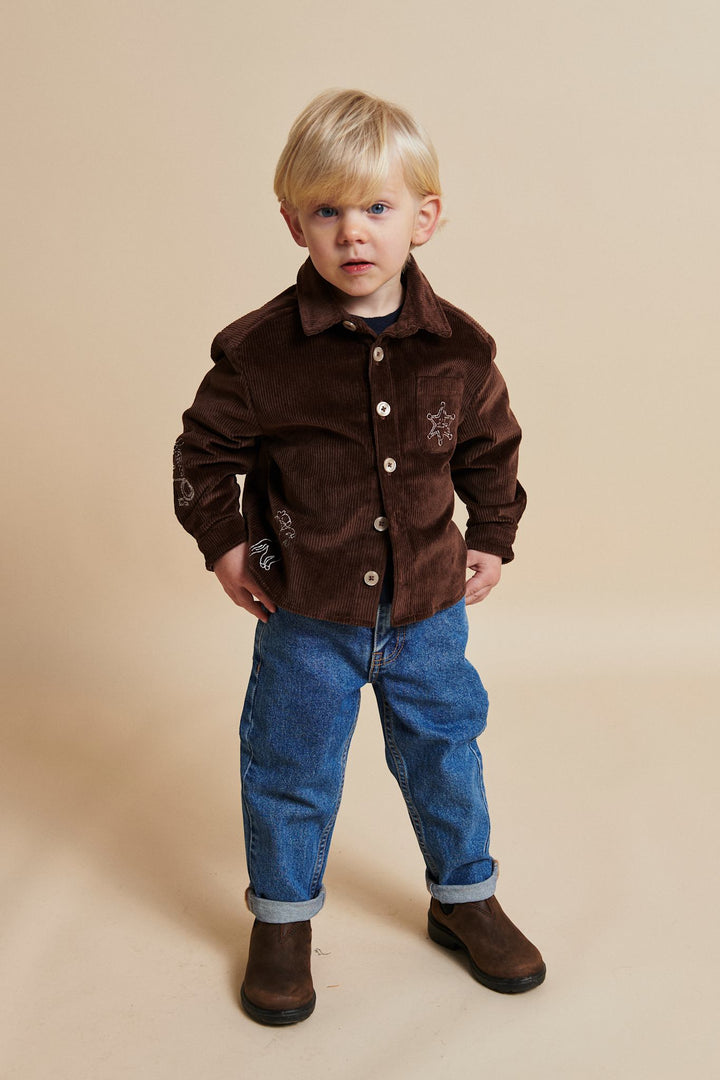 CORDUROY OVERSHIRT W. EMB. - DK BROWN COMB