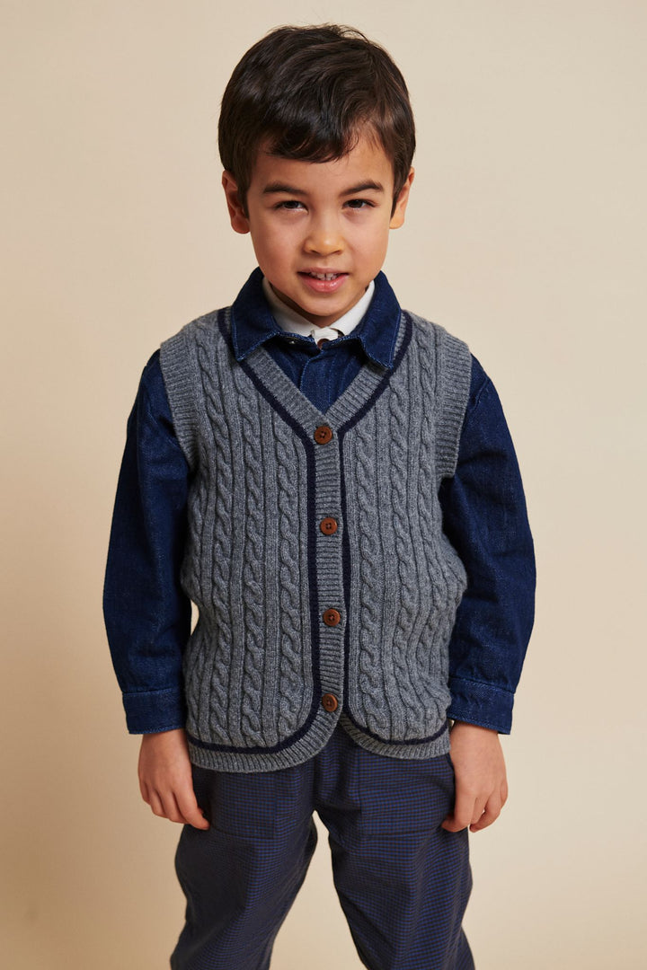 LAMBSWOOL GRANDAD VEST - DK GREY/NAVY COMB.