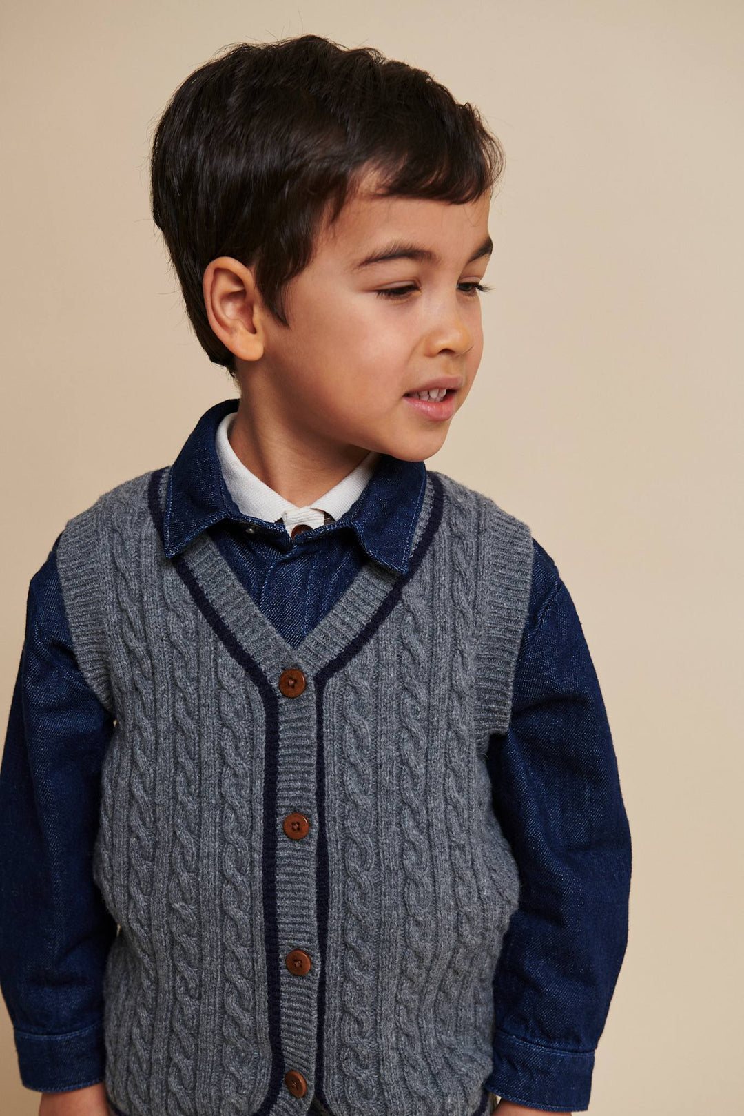 LAMBSWOOL GRANDAD VEST - DK GREY/NAVY COMB.