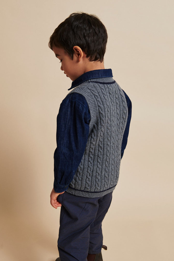 LAMBSWOOL GRANDAD VEST - DK GREY/NAVY COMB.