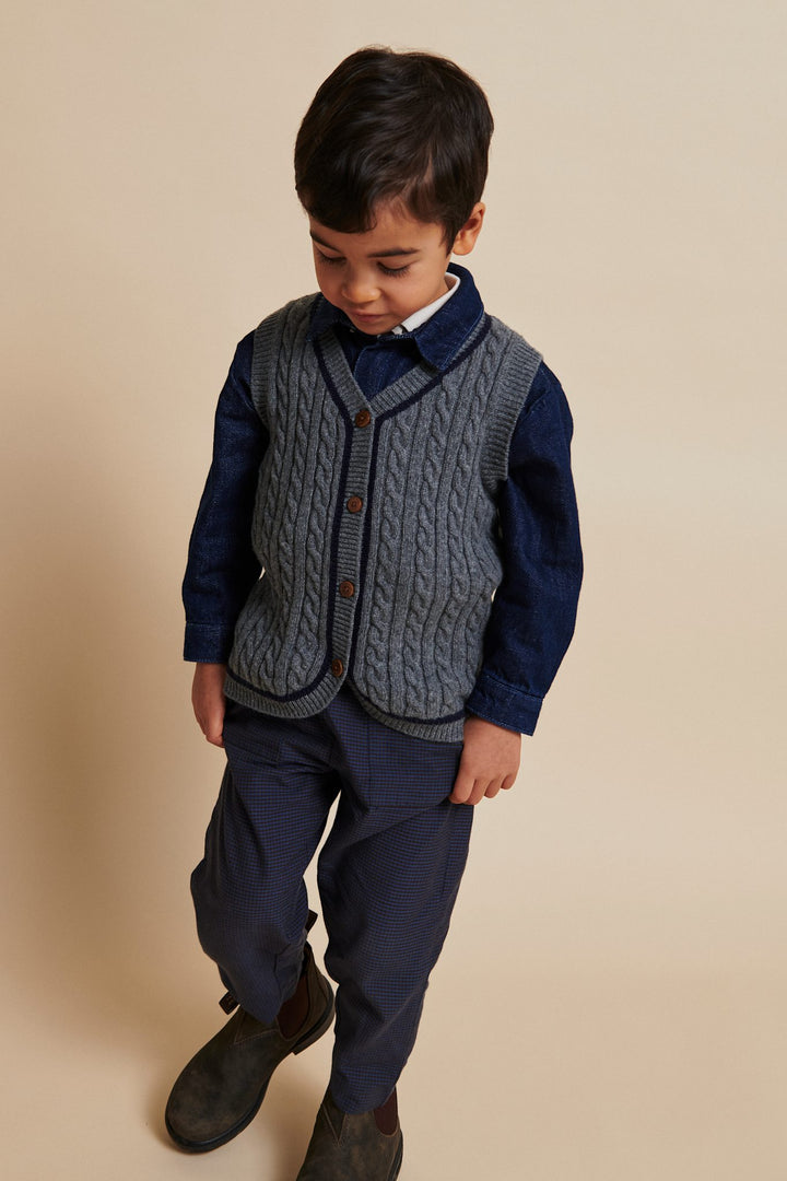 LAMBSWOOL GRANDAD VEST - DK GREY/NAVY COMB.