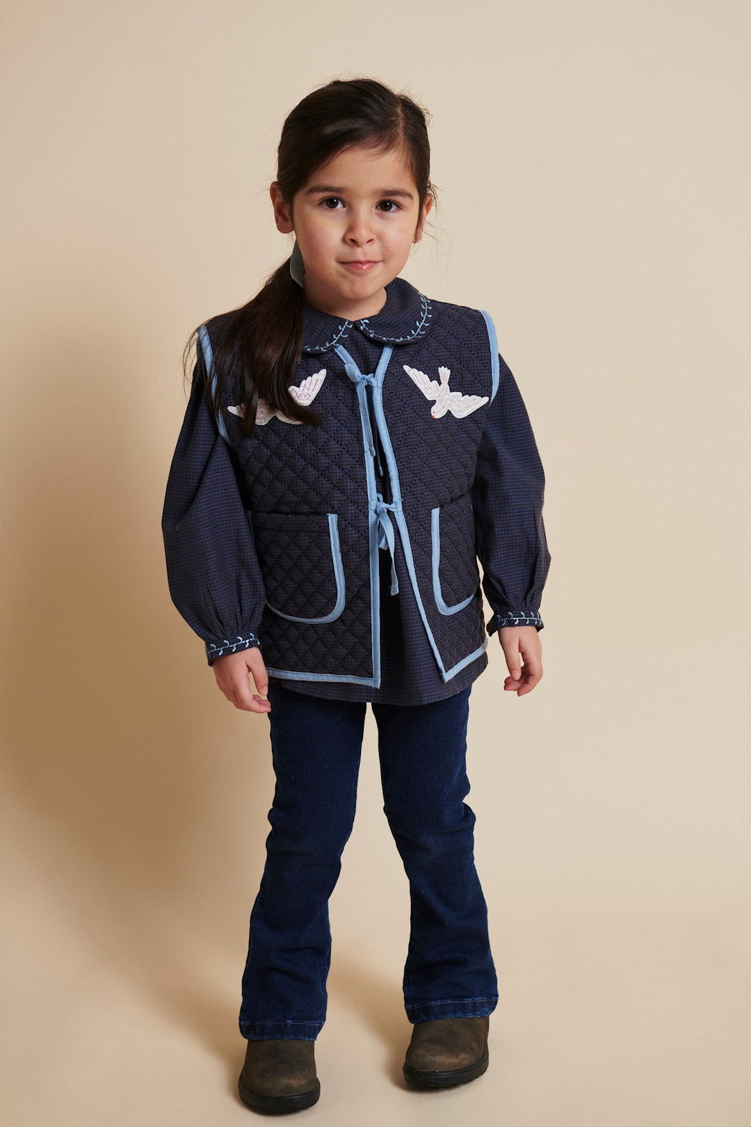 CHECKERED QUILTED VEST W. EMB. - BROWN BLUE CHECK COMB