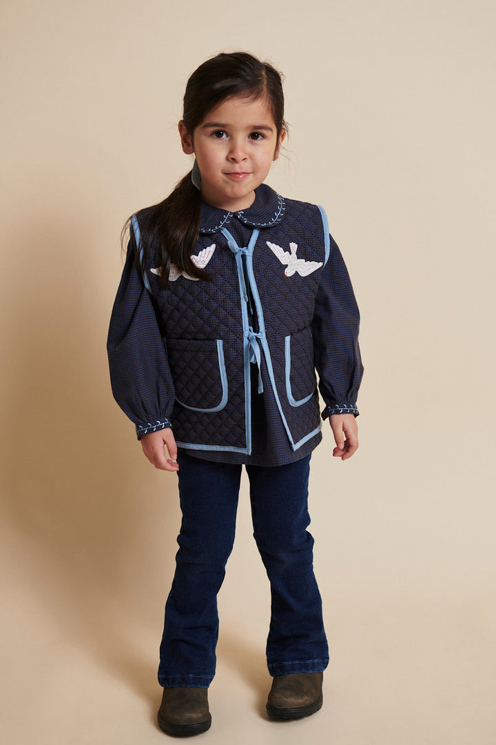 CHECKERED QUILTED VEST W. EMB. - BROWN BLUE CHECK COMB