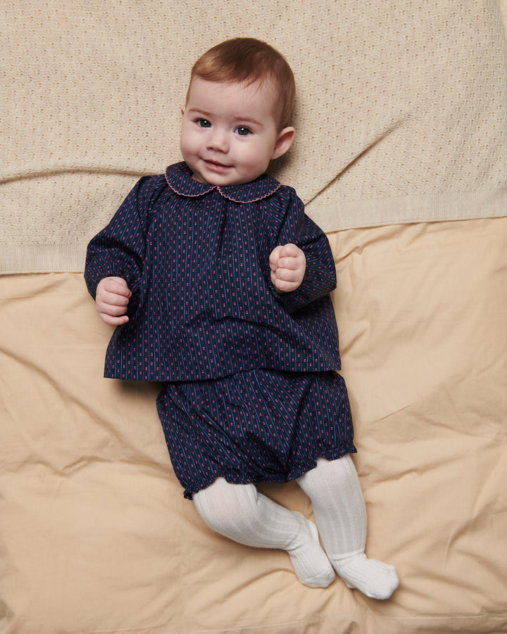 Printed Navy Flower Baby Set w. Blouse & Bloomers - Navy Flower Aop