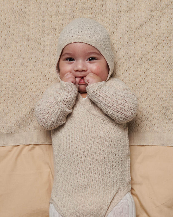 2-Pack Merino Pointelle Baby Cross-Over & Baby Bonnet Hat - Pale Cream