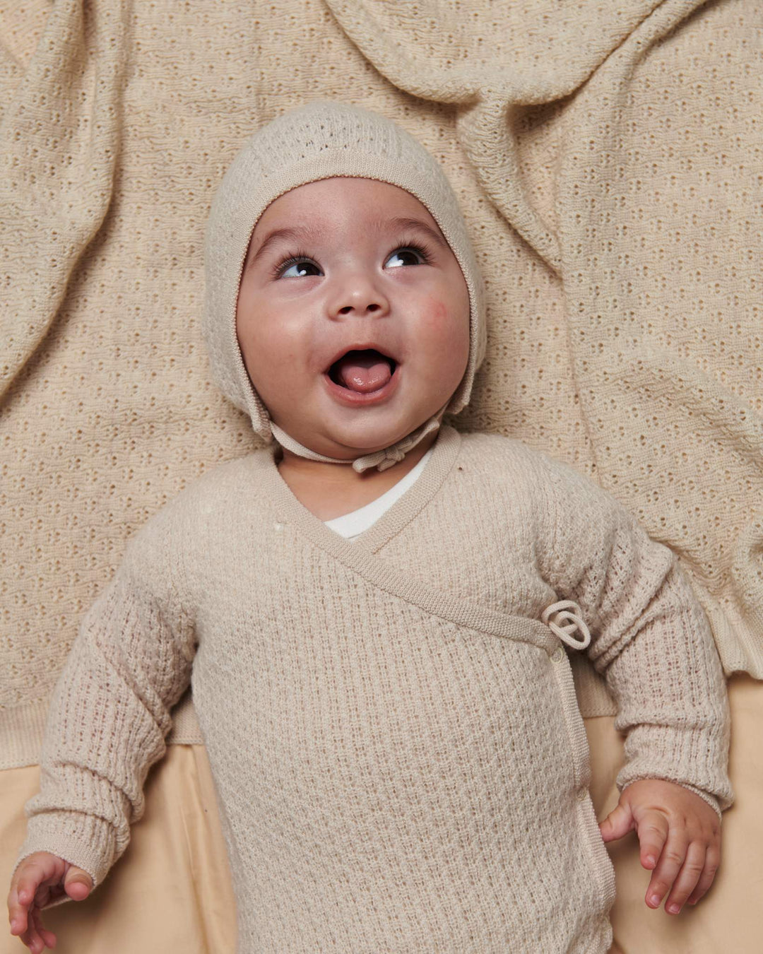 2-Pack Merino Pointelle Baby Cross-Over & Baby Bonnet Hat - Pale Cream