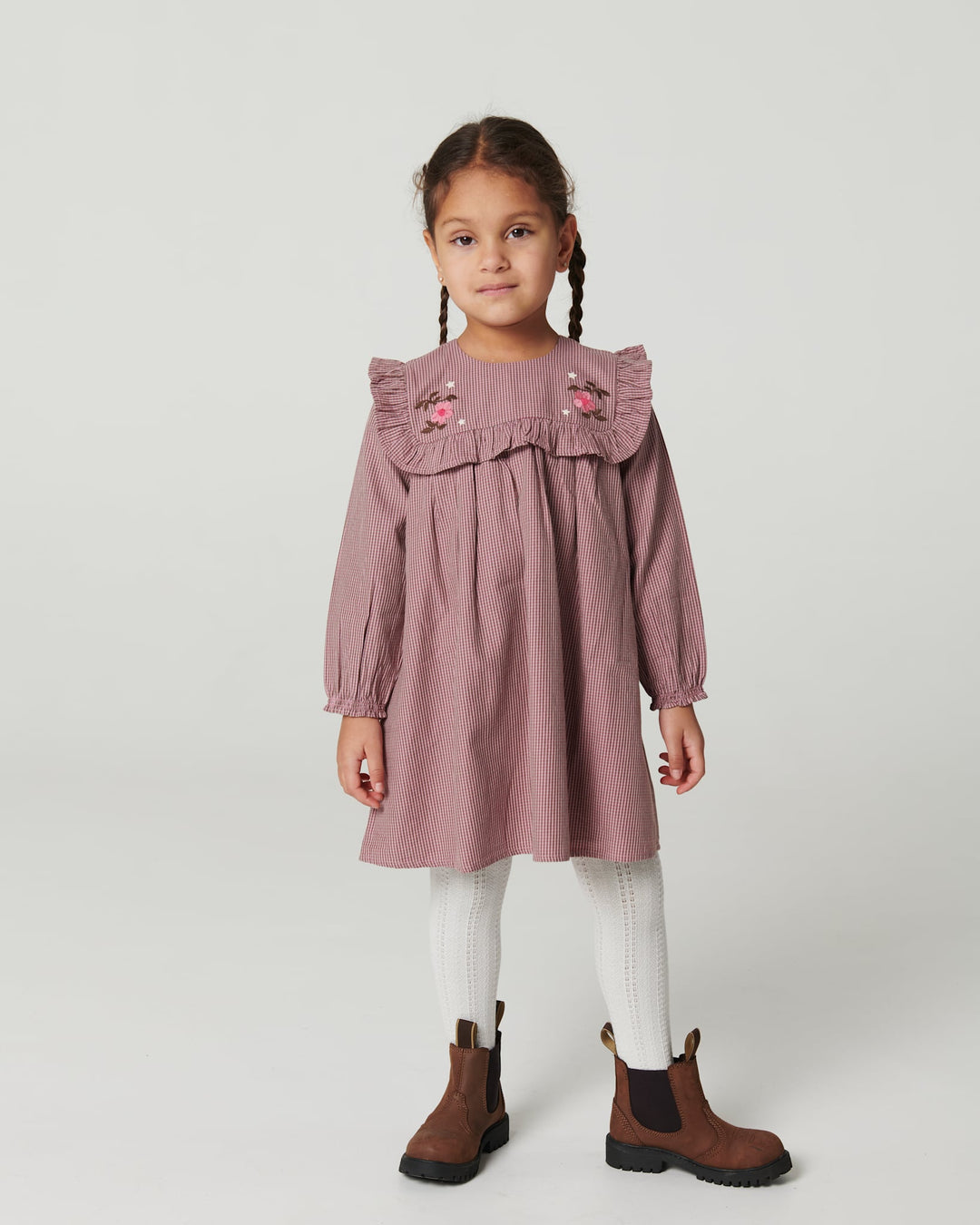 Long-sleeved Dress with frill and emb. - WINTER ROSE CHECK COMB