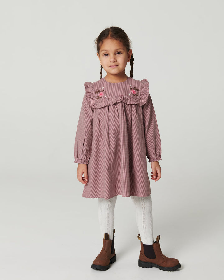 Long-sleeved Dress with frill and emb. - WINTER ROSE CHECK COMB