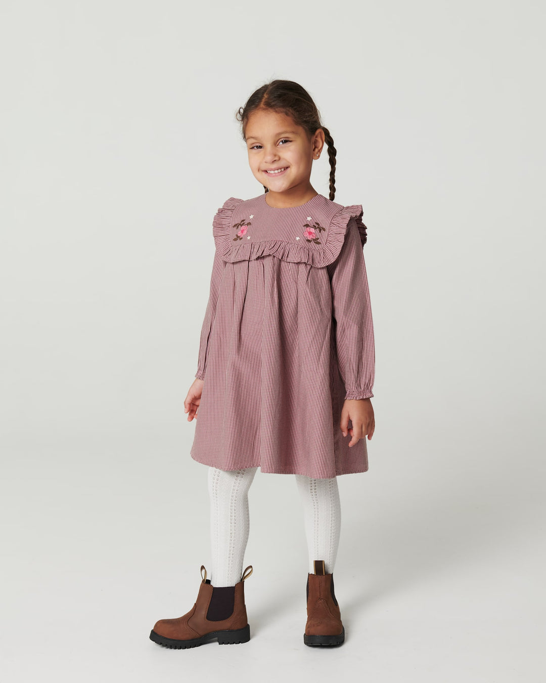 Long-sleeved Dress with frill and emb. - WINTER ROSE CHECK COMB