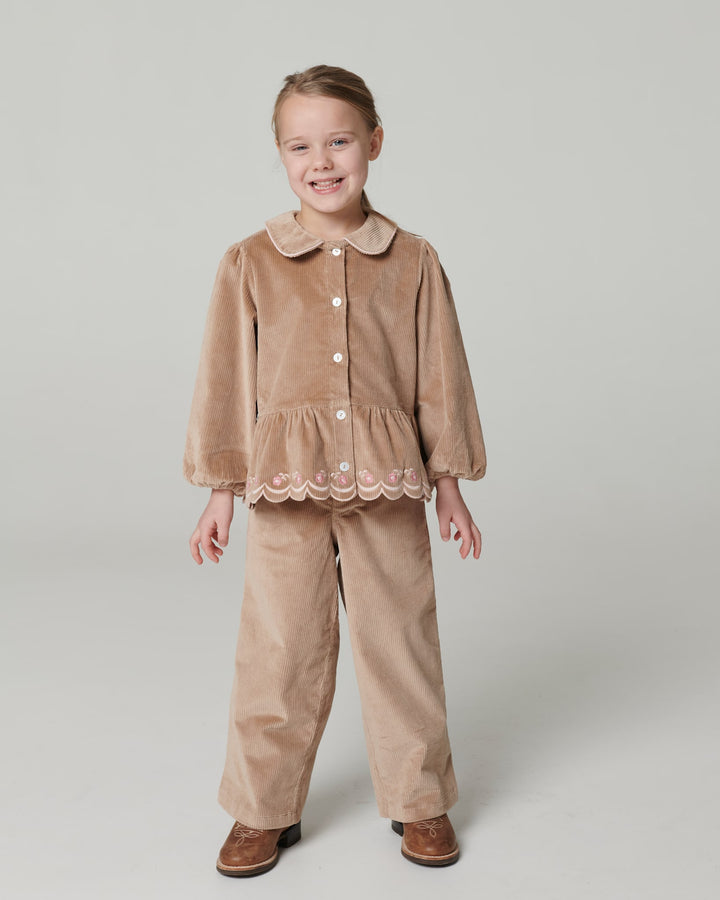 Corduroy Pant w. Wide Leg & Emb. on Backside Pocket - Beige
