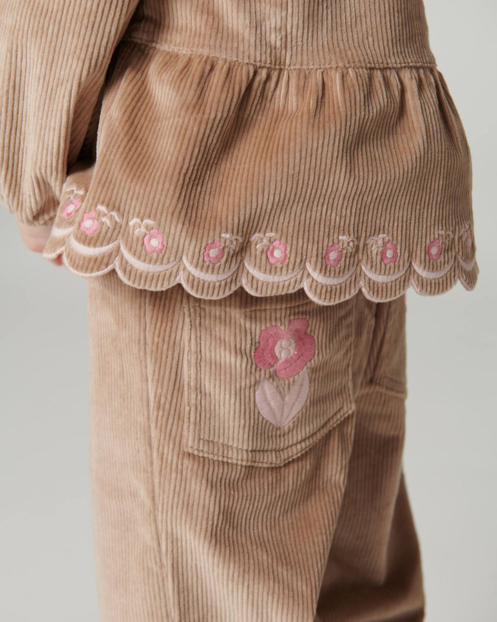 Corduroy Pant w. Wide Leg & Emb. on Backside Pocket - Beige
