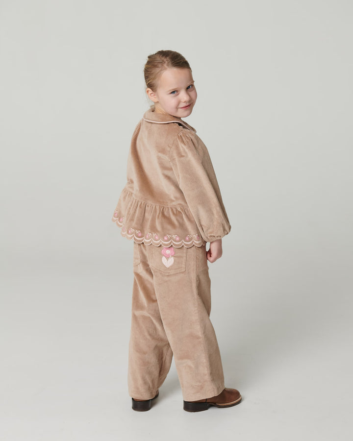 Corduroy Pant w. Wide Leg & Emb. on Backside Pocket - Beige