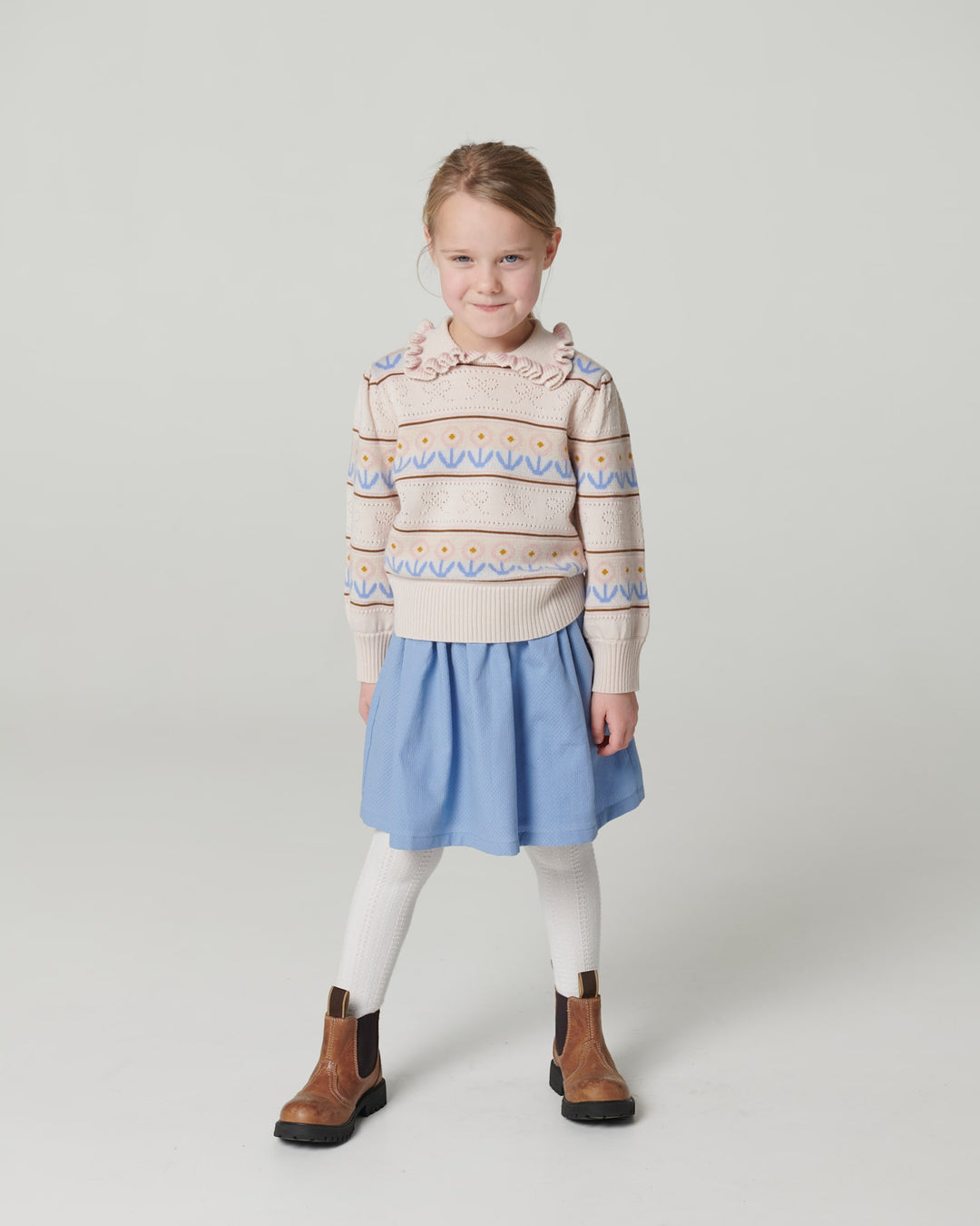 Knitted Collar Blouse w. Pointelle & Pattern - Beige Comb.