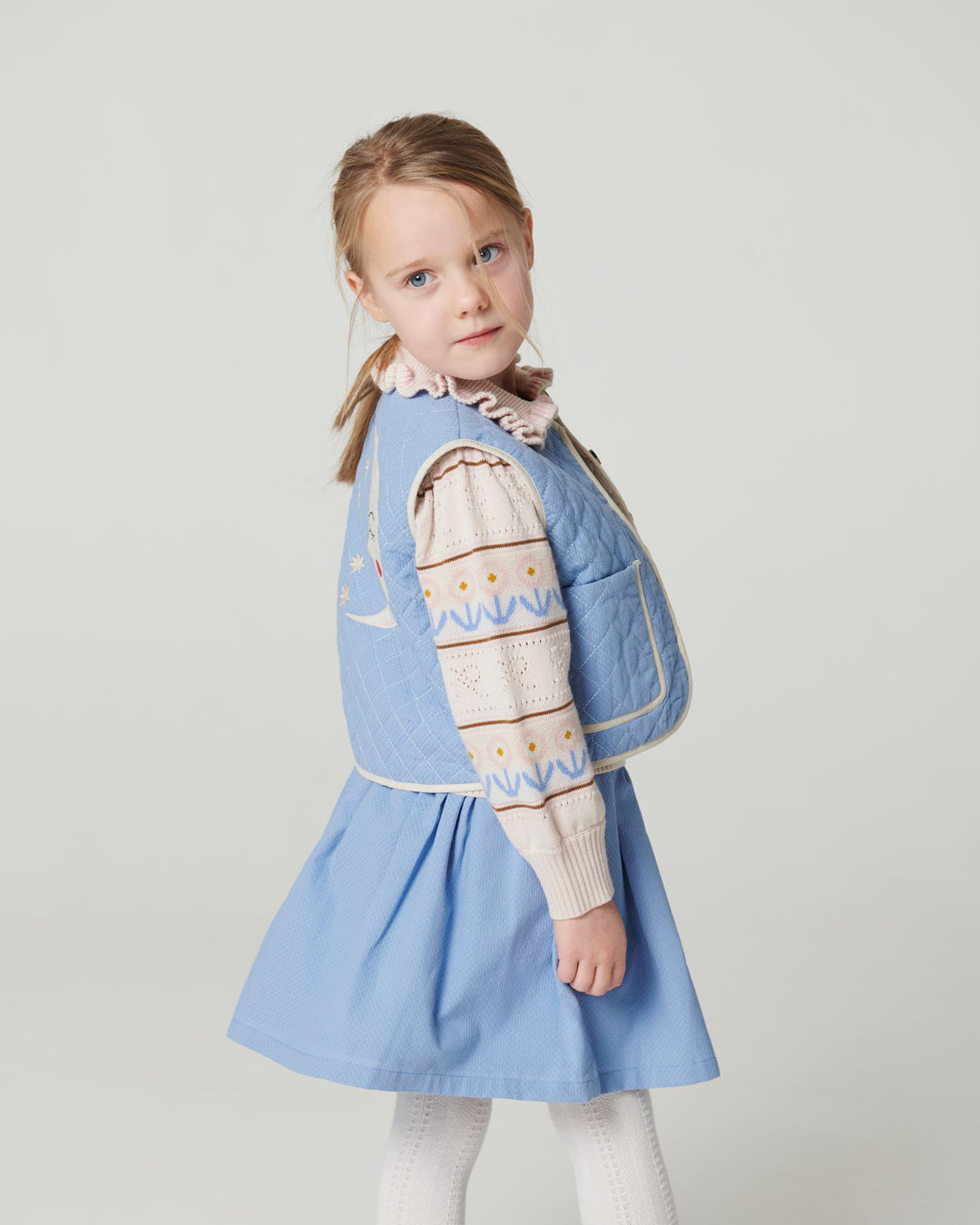 Knitted Collar Blouse w. Pointelle & Pattern - Beige Comb.
