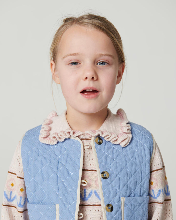 Knitted Collar Blouse w. Pointelle & Pattern - Beige Comb.