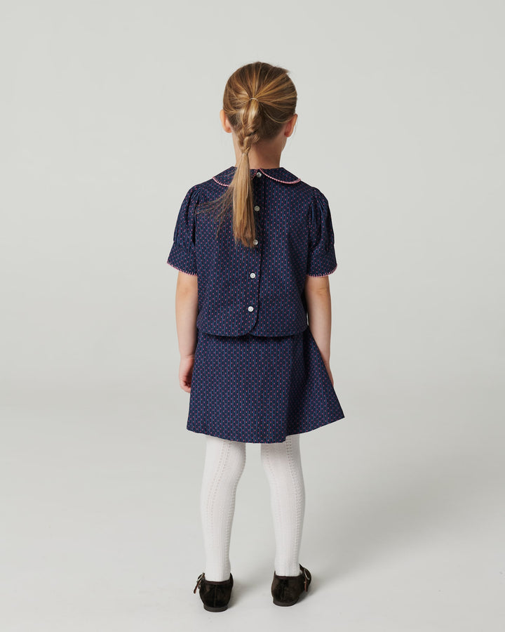 Printed Set w. Blouse & Skirt - Navy Flower Aop