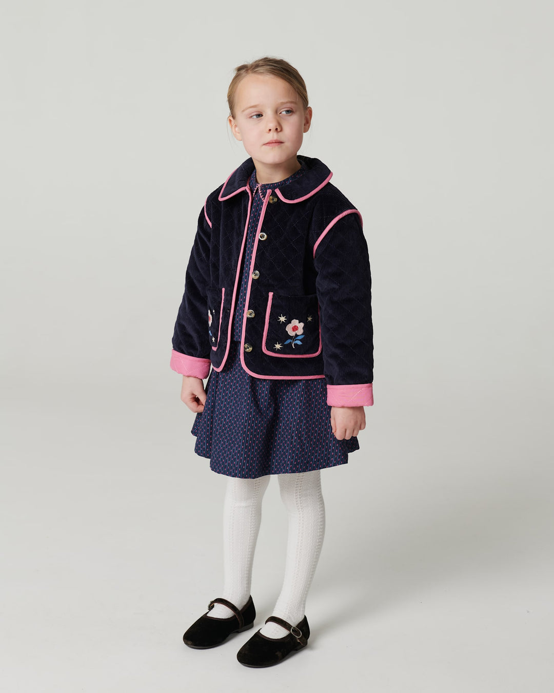 Quilted Corduroy Jacket w. Embroidery - Navy