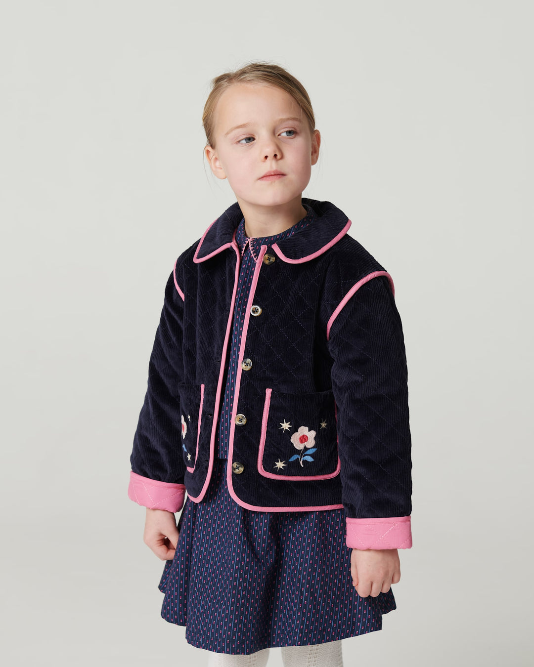 Quilted Corduroy Jacket w. Embroidery - Navy