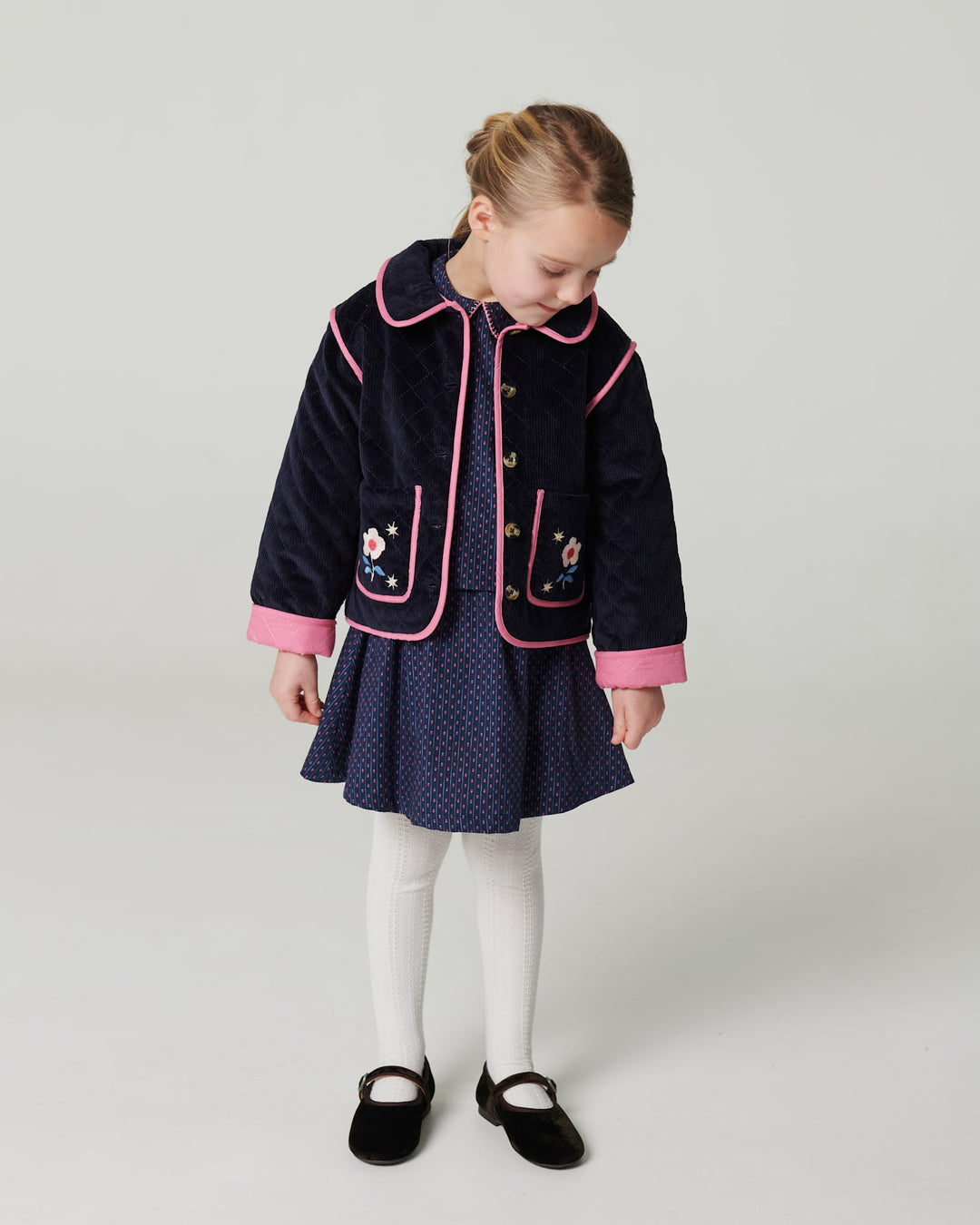 Printed Set w. Blouse & Skirt - Navy Flower Aop
