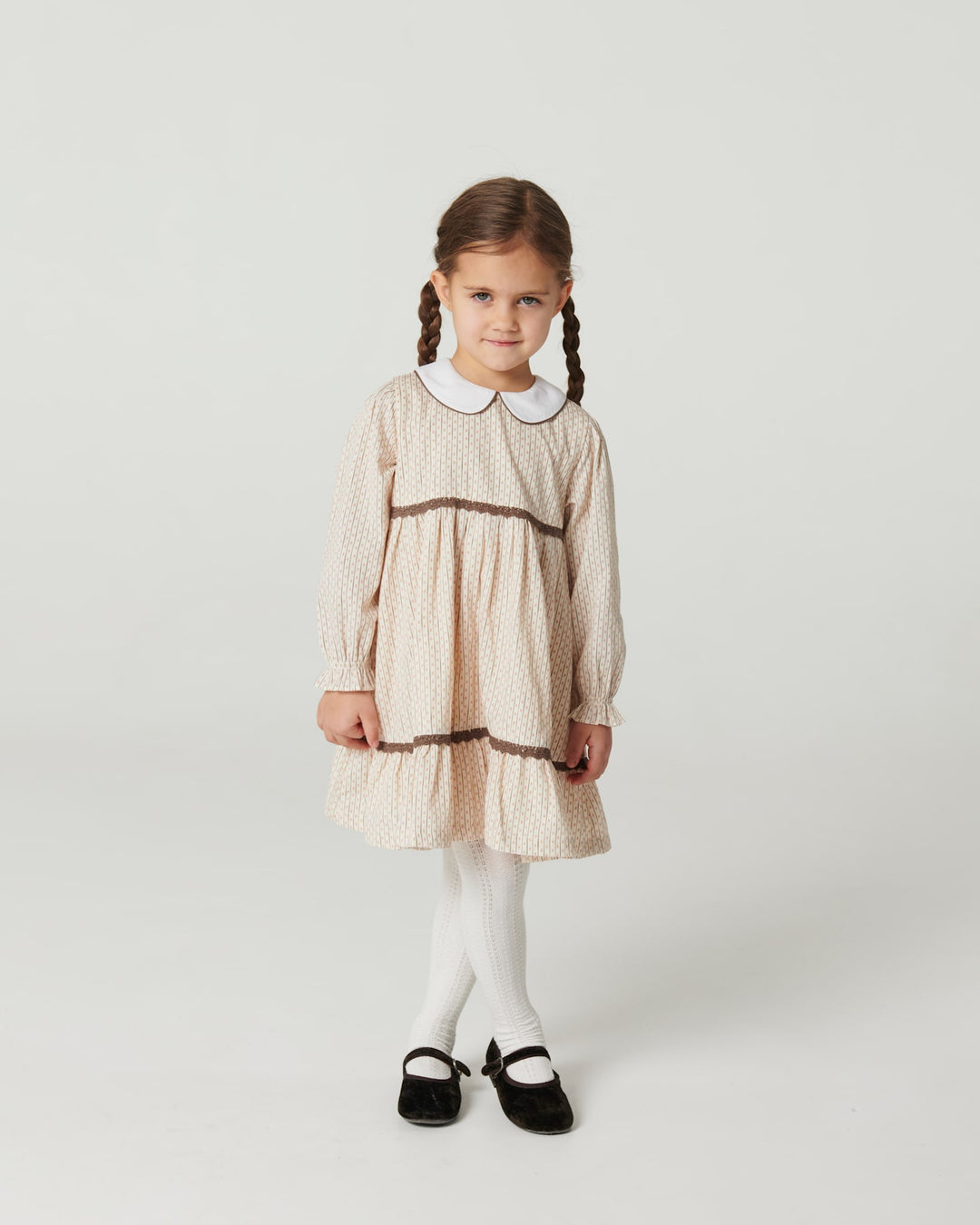 Aop Dress w. Lace Piping and Poplin Collar - Sand Flower Print