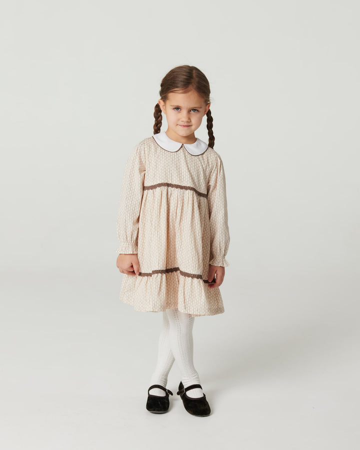Aop Dress w. Lace Piping and Poplin Collar - Sand Flower Print