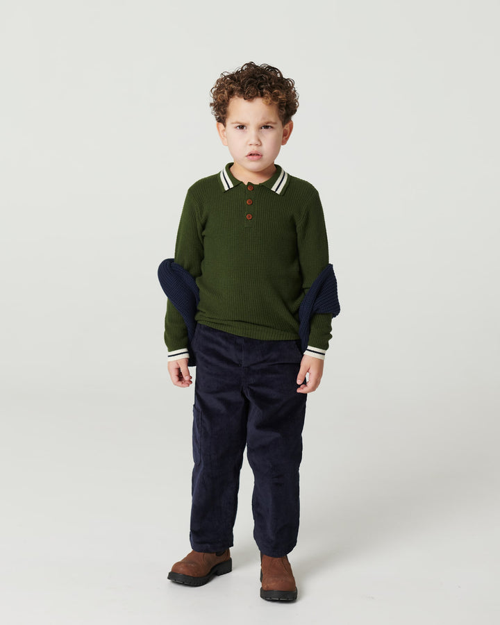 Long-Sleeved Knitted Waffle Polo - Dk. Green Comb.