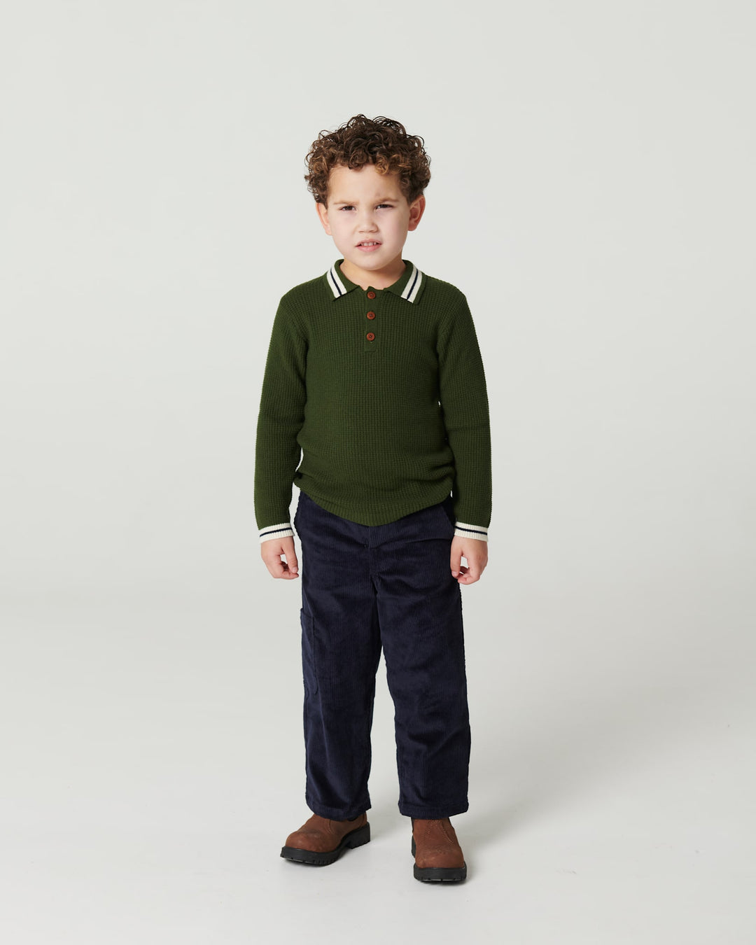 Long-Sleeved Knitted Waffle Polo - Dk. Green Comb.