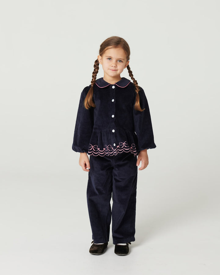 Corduroy Pant w. Wide Leg & Emb. on Backside Pocket - Navy