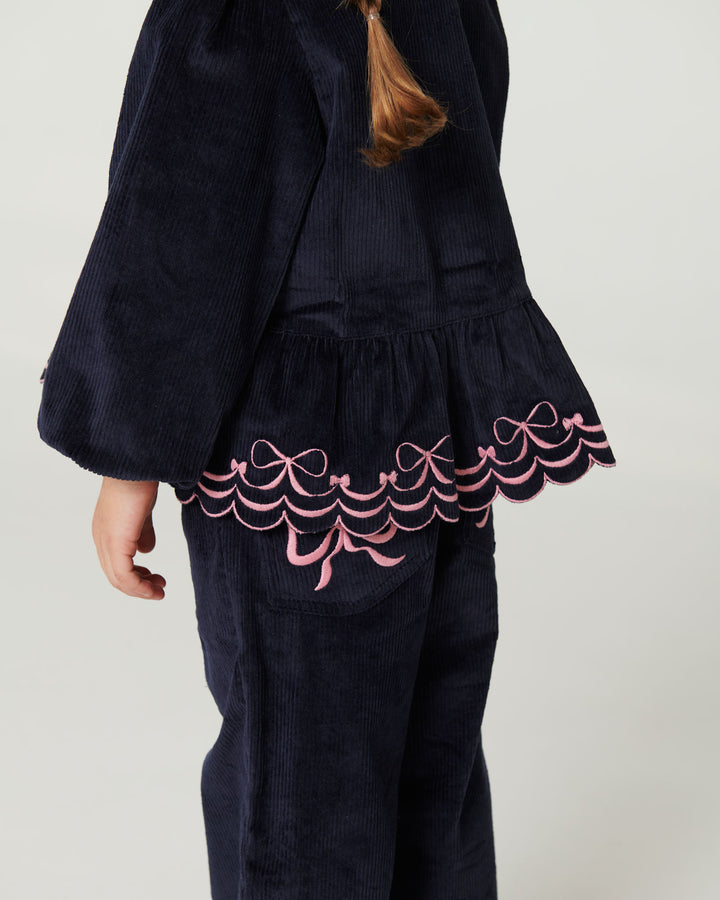 Corduroy Pant w. Wide Leg & Emb. on Backside Pocket - Navy