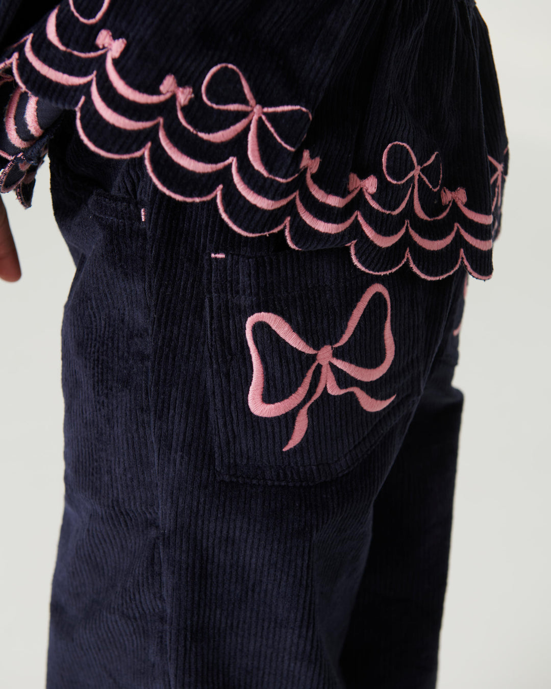 Corduroy Pant w. Wide Leg & Emb. on Backside Pocket - Navy