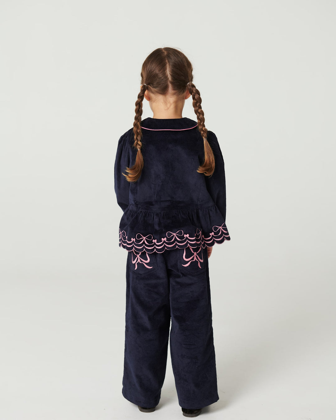 Corduroy Pant w. Wide Leg & Emb. on Backside Pocket - Navy