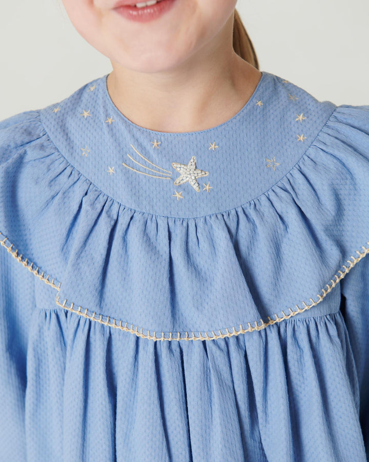 Dress w. Frill & Star Embroidery - Endless Blue